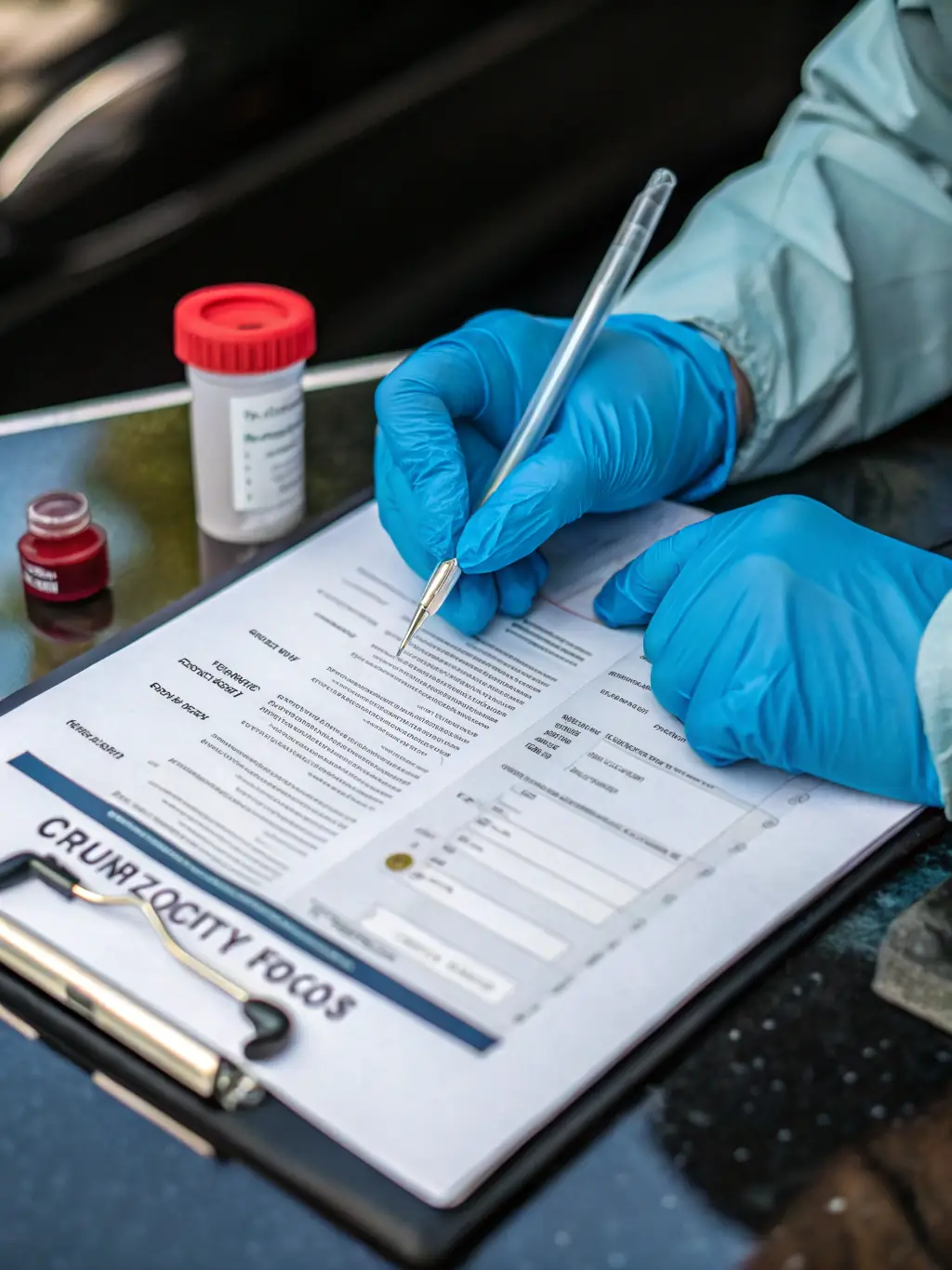 A courier carefully documenting the chain of custody for a medical specimen, ensuring full traceability.