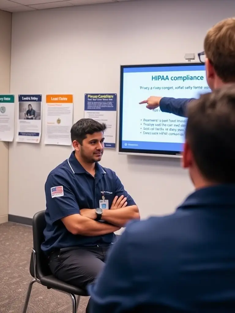 A Respected Dispatchers courier participating in a HIPAA compliance training session, with a focus on patient privacy and data security protocols.