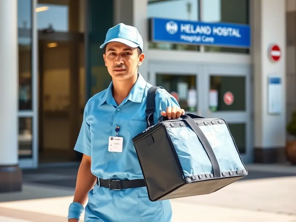 A medical courier carefully transporting a specimen box in a temperature-controlled bag, with a hospital in the background.