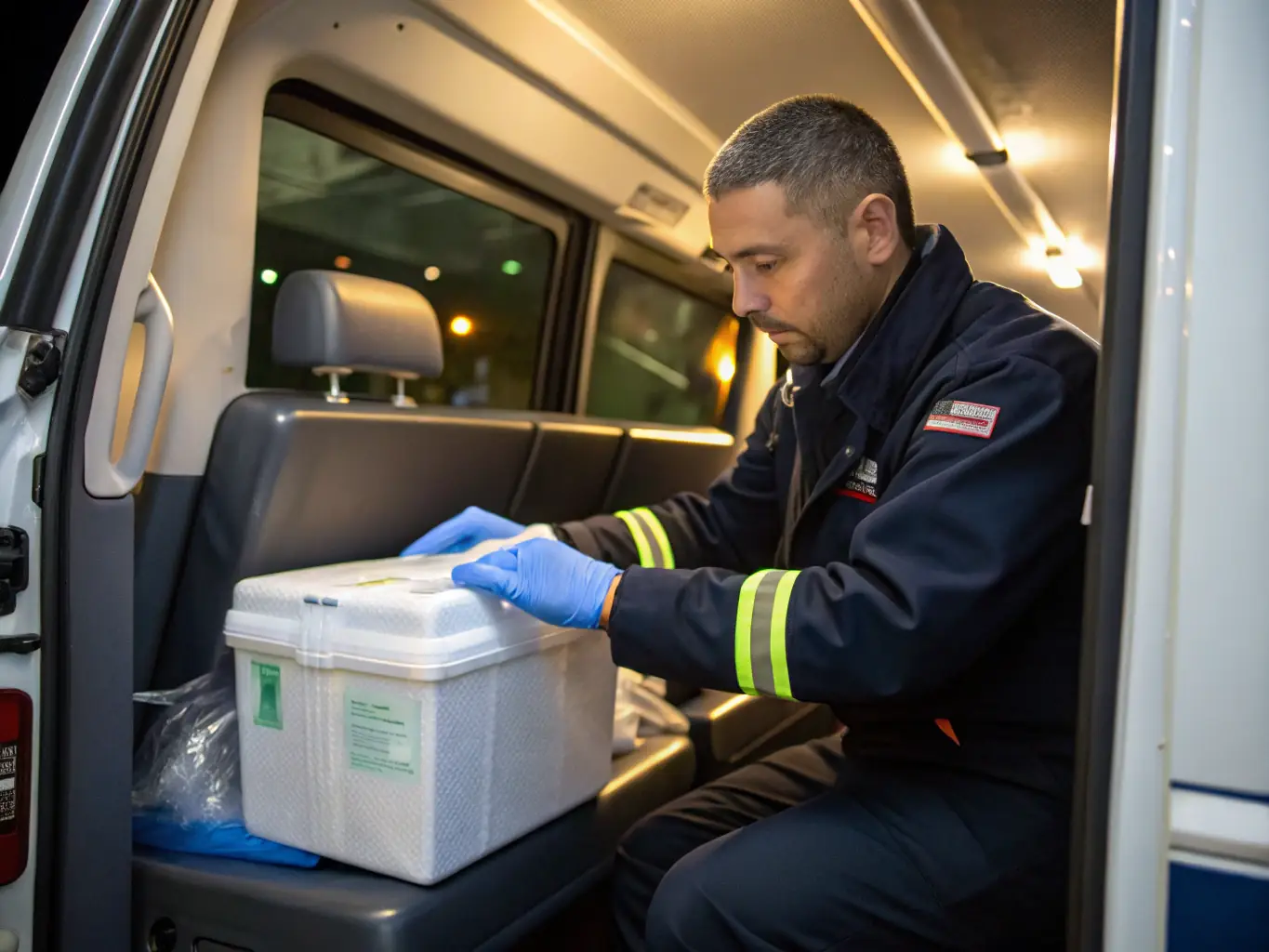 A courier in medical scrubs carefully handling biological samples in a secure container, ensuring temperature control and chain of custody.