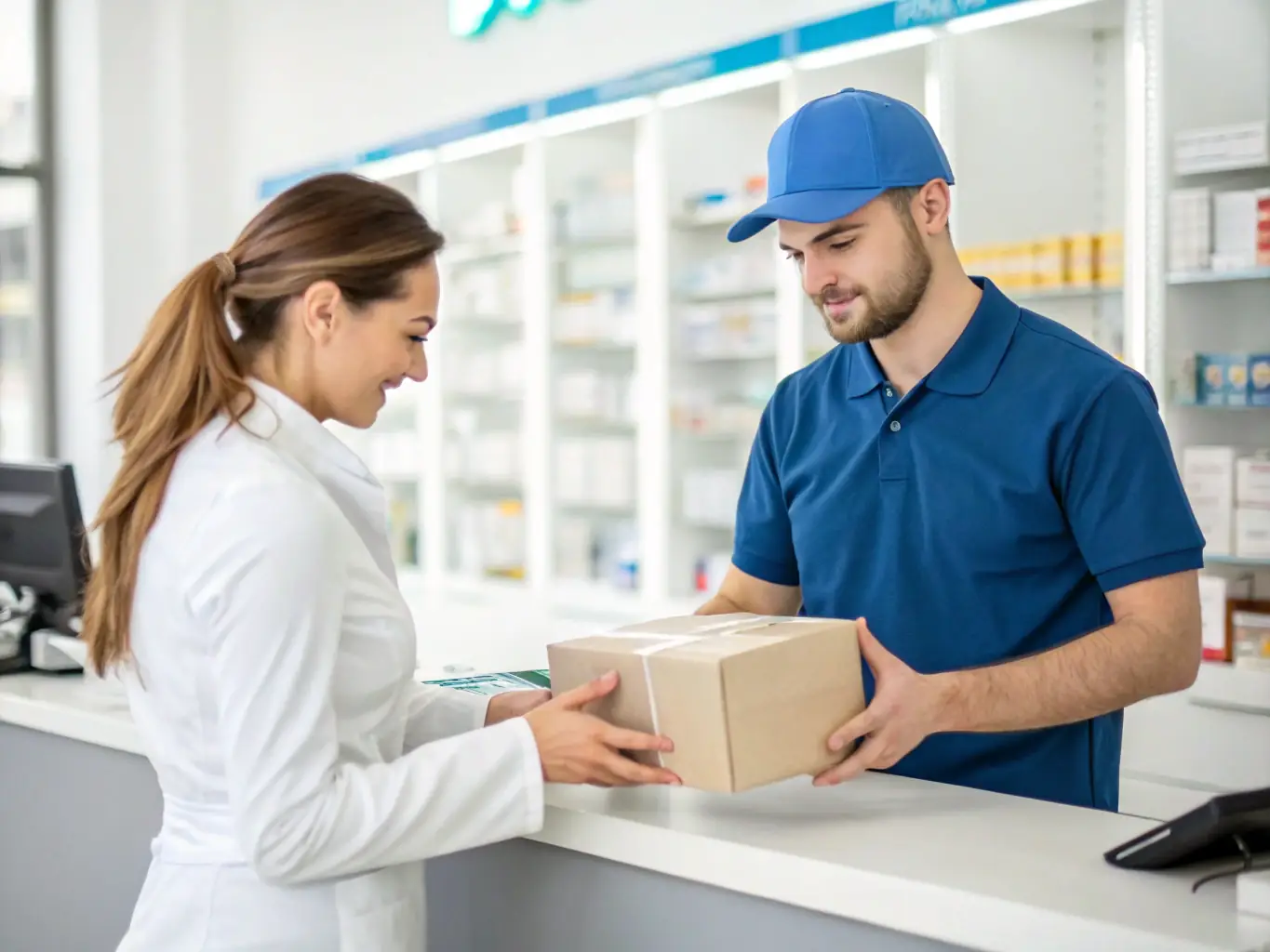 A courier in a temperature-controlled box delivering pharmaceuticals to a pharmacy, ensuring compliance with industry standards.