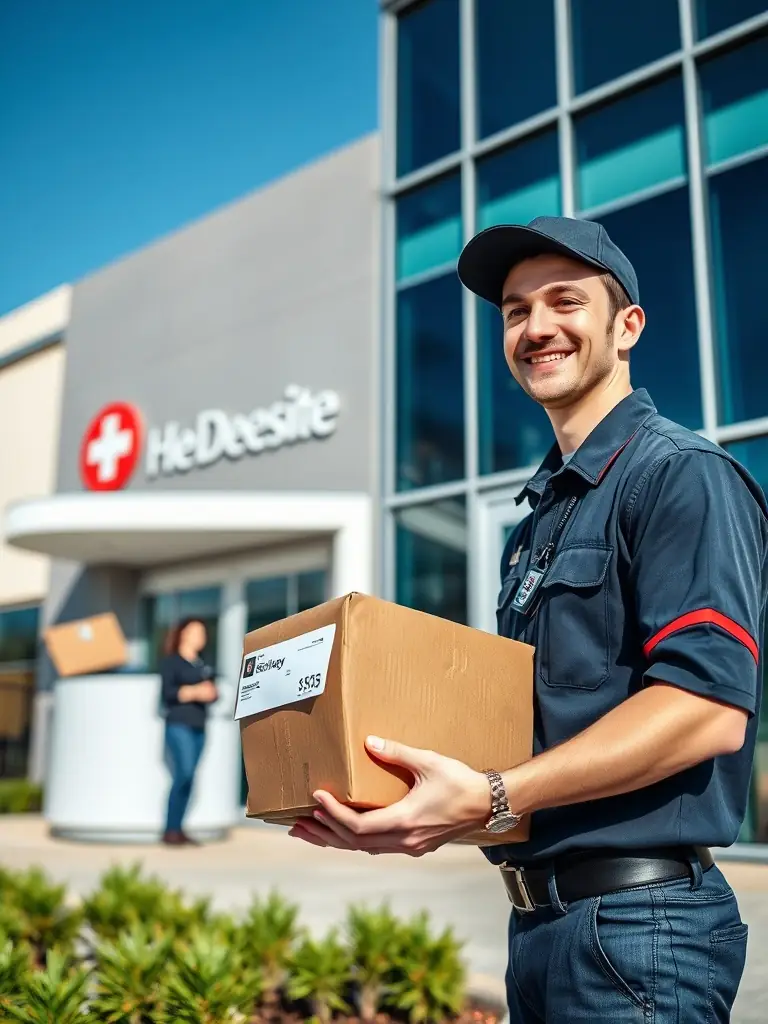 A courier wearing a Respected Dispatchers uniform, carefully handling a medical specimen container, with a focus on maintaining chain of custody, inside a modern laboratory setting.