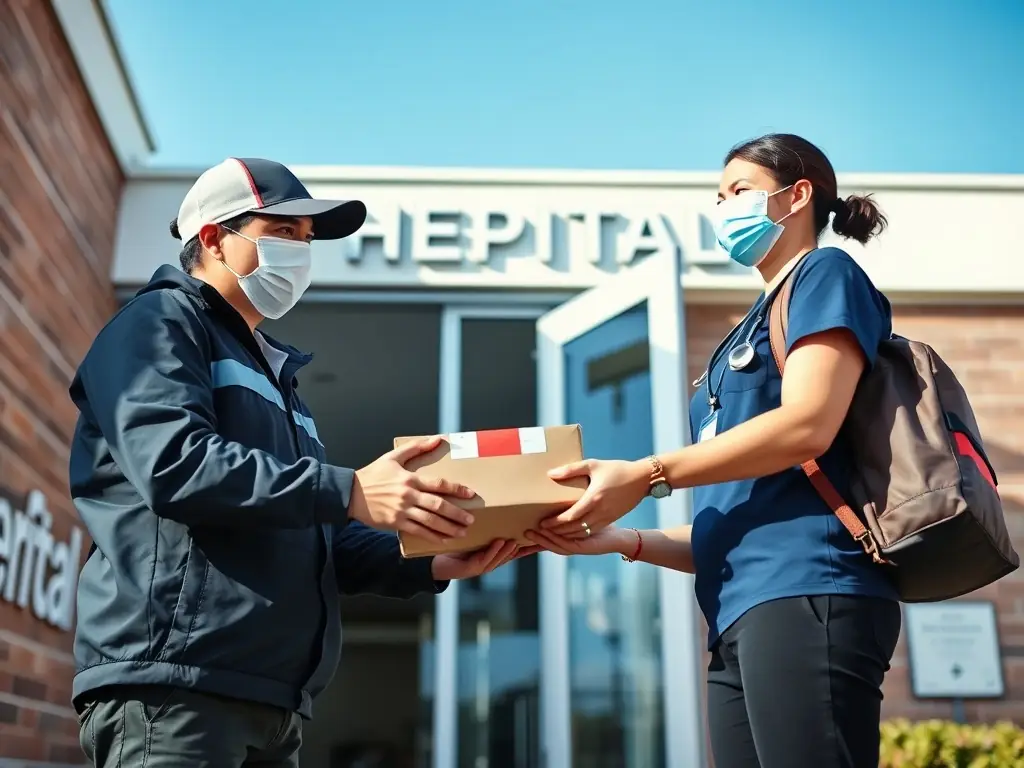 A courier urgently delivering a package to a hospital emergency room, highlighting the speed and urgency of STAT delivery.